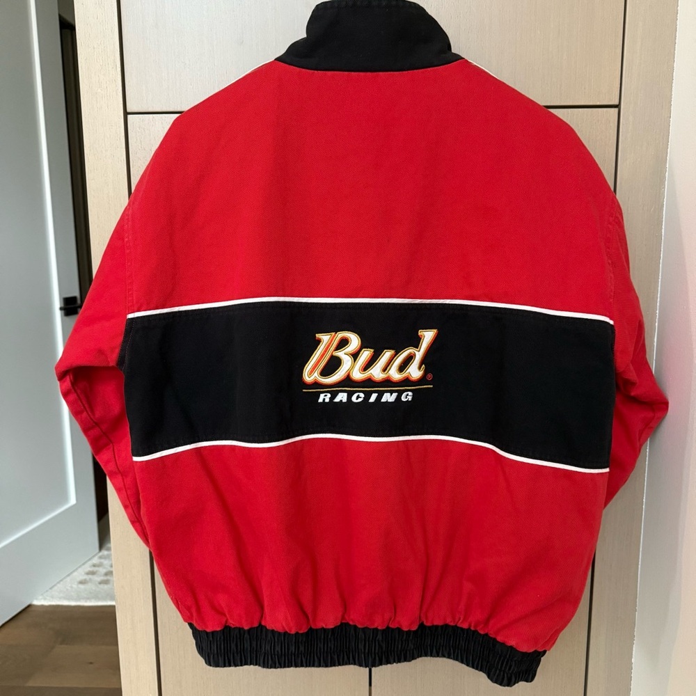 EXCELLENT Vintage Budweiser Red & Black NASCAR Racing Jacket, L